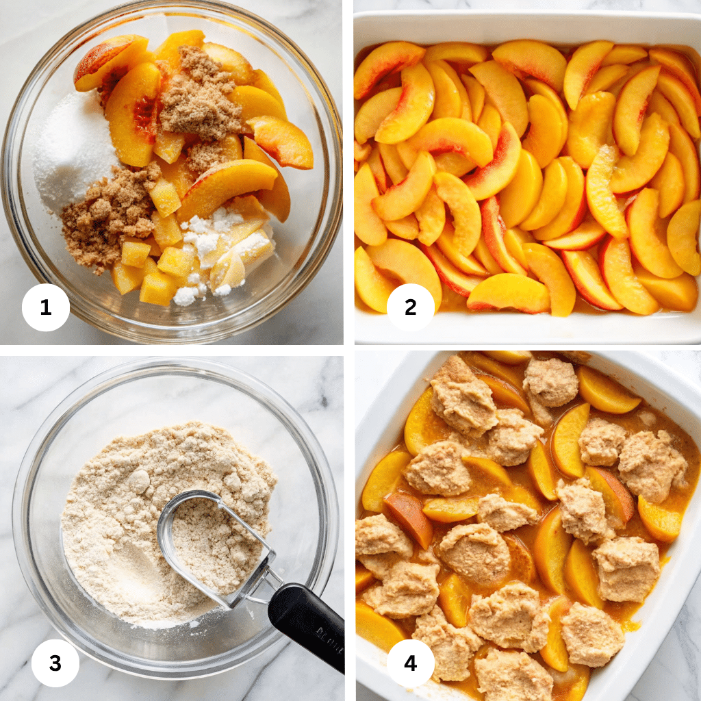 fresh southern peach cobbler ingredients including peaches, sugar, and cinnamon