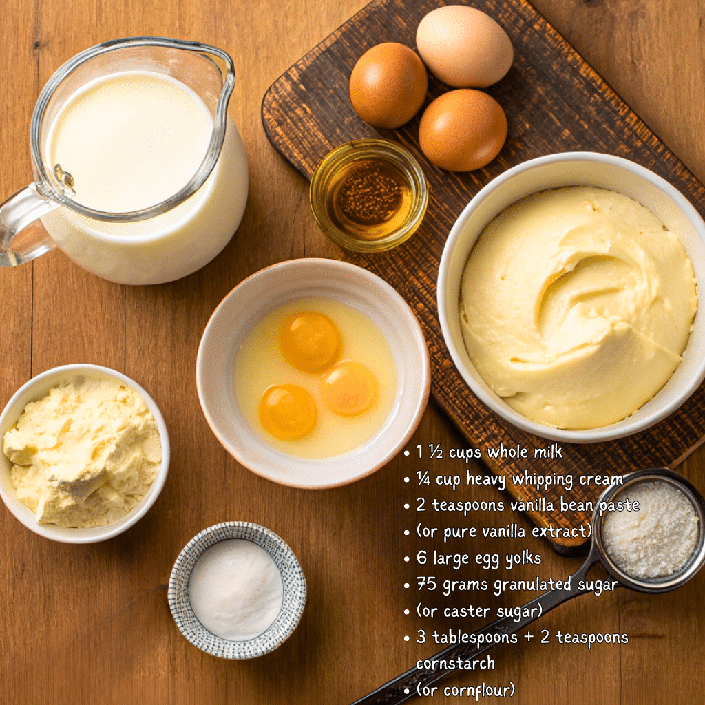 1 ½ cups whole milk ¼ cup heavy whipping cream 2 teaspoons vanilla bean paste (or pure vanilla extract) 6 large egg yolks 75 grams granulated sugar (or caster sugar) 3 tablespoons + 2 teaspoons co Thick creamy custard recipae in a ceramic bowl