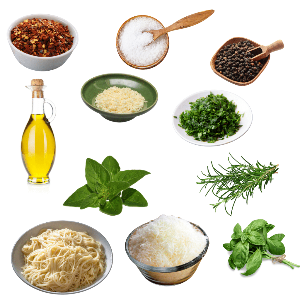 Ingredients for sizzling spaghetti with garlic and herbs
