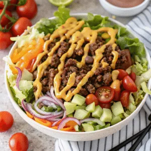 Homemade Big Mac Bowl with lettuce, beef, and sauce