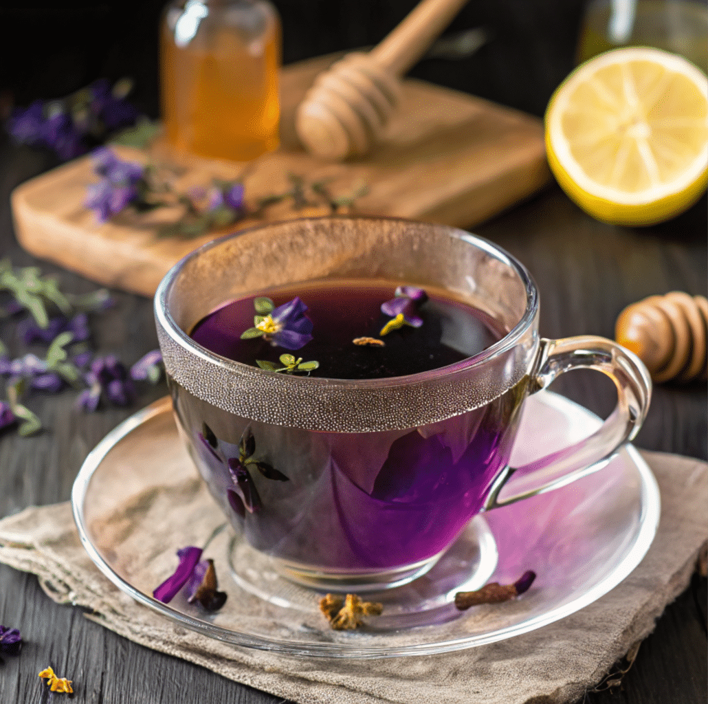 brazilian-mounjaro-drink-recipe Brazilian Mounjaro Recipe in a glass with lemon and butterfly pea flower