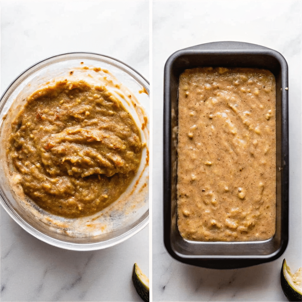 Stirring zucchini bread batter in a bowl