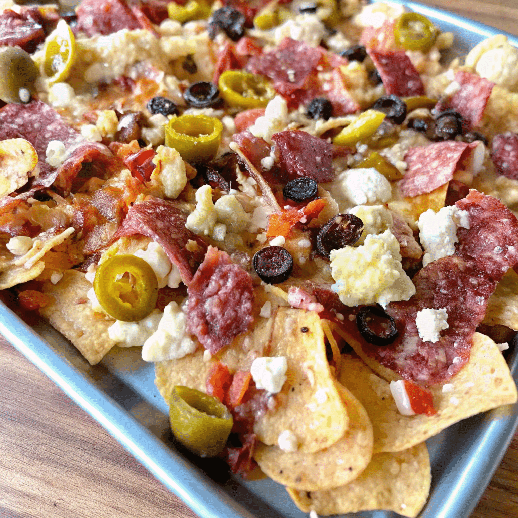 charcuterie-nachos-viral-snack Charcuterie Nachos layered with brie, prosciutto