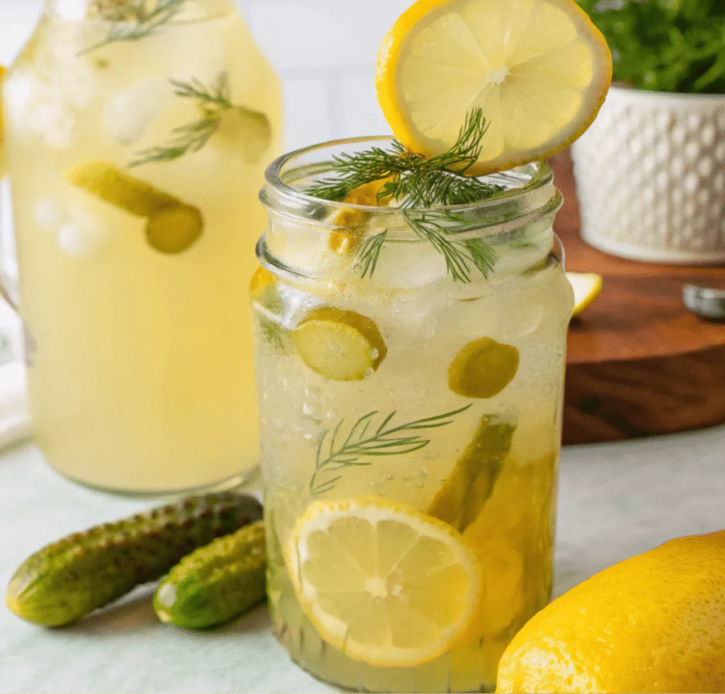 pickle lemonade in mason jar with garnish