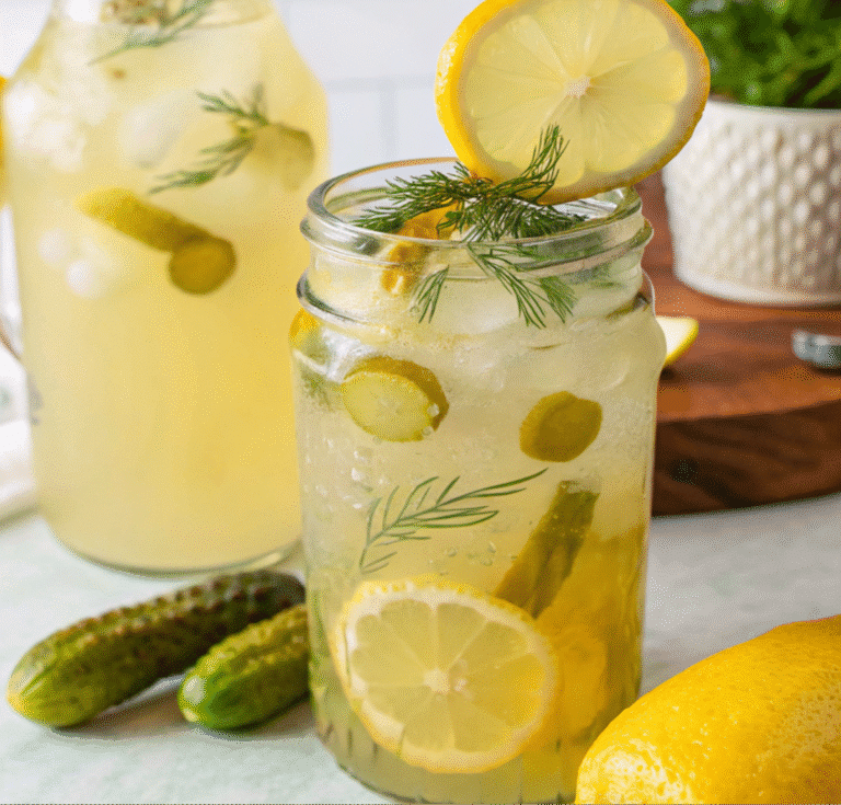 pickle lemonade in mason jar with garnish