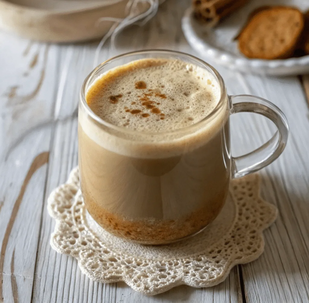 banana bread latte in ceramic mug with cinnamon