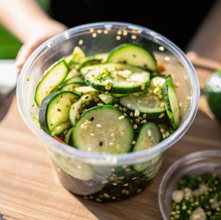 TikTok cucumber salad recipe in deli container