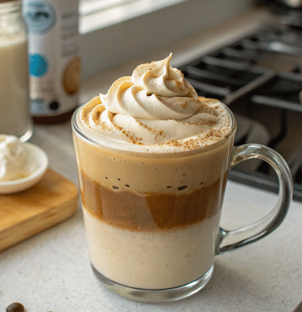 What is Cloud Coffee? 4 Cloud Coffee layered in clear glass with coconut water and espresso