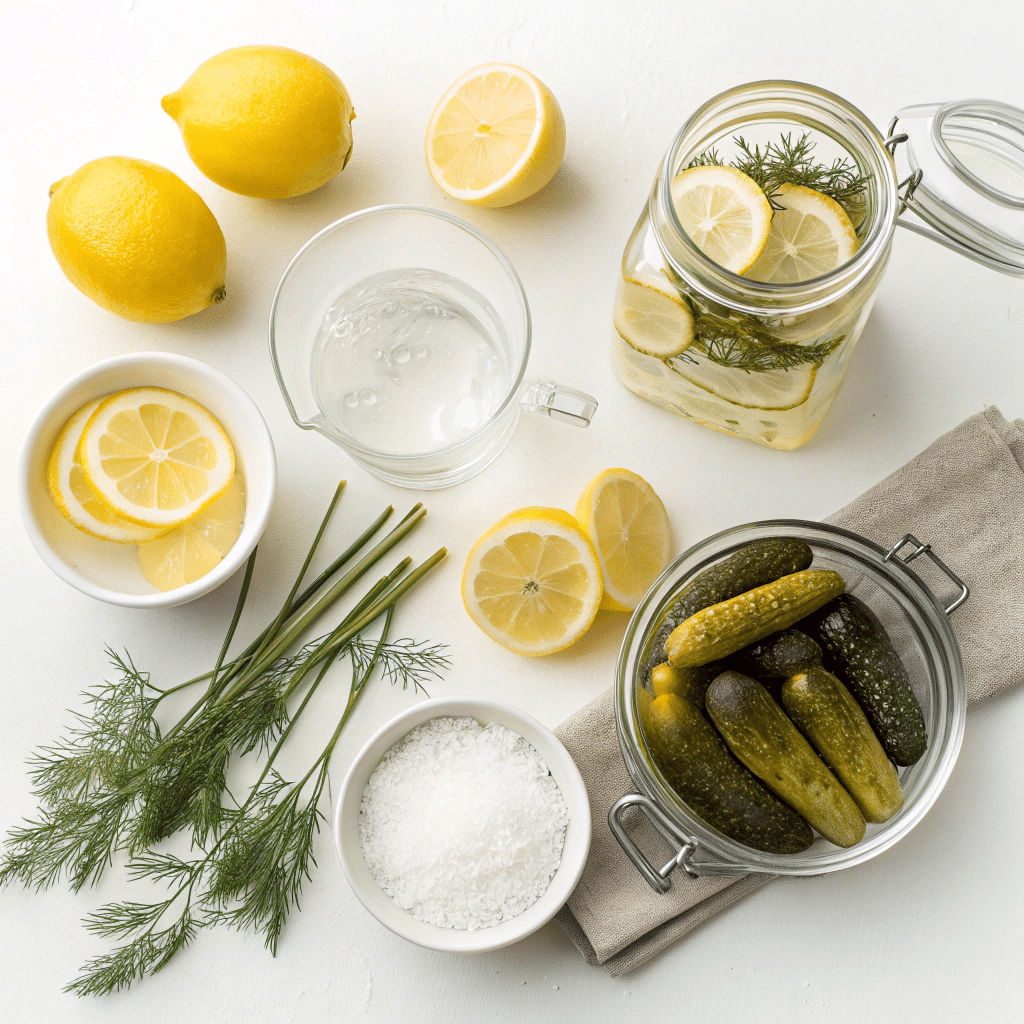 pickle-lemonade-ingredients-white-bg. pickle lemonade ingredients on white background