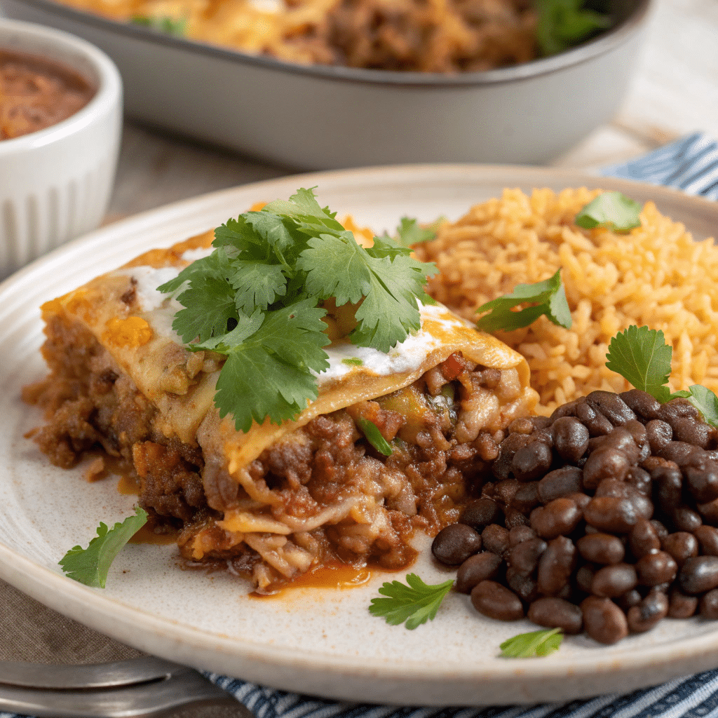 Mama Jill's Taco Bake Recipe – A Classic Family Favorite Reimagined 3 Mama Jill’s Taco Bake served with rice and beans