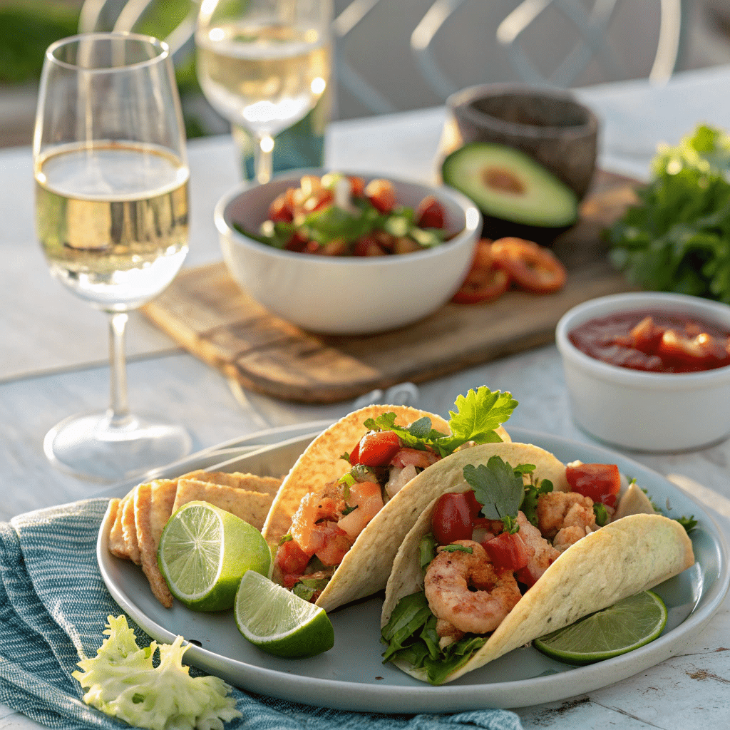 realistic-photo-of-a-dinner-table-with-grilled-shr Ingredients for Jalapeño Sauvignon Blanc laid out on a tray