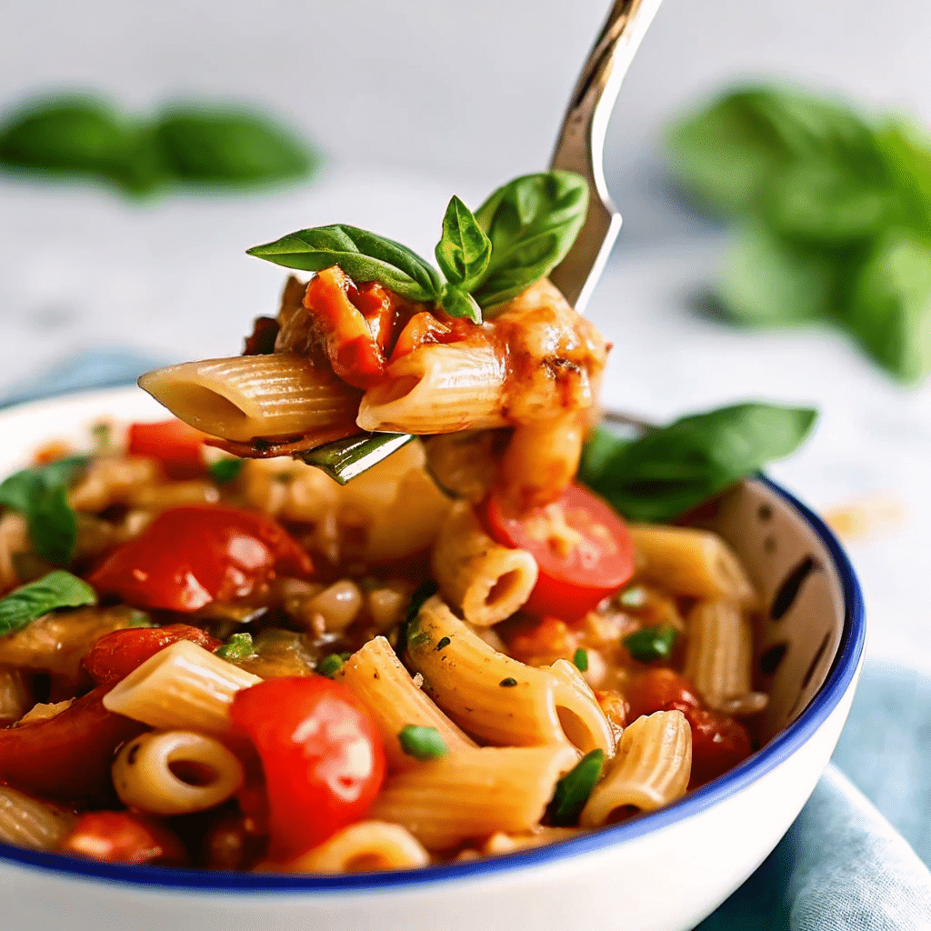 Bruschetta summer pasta salad with tomato, basil, and penne