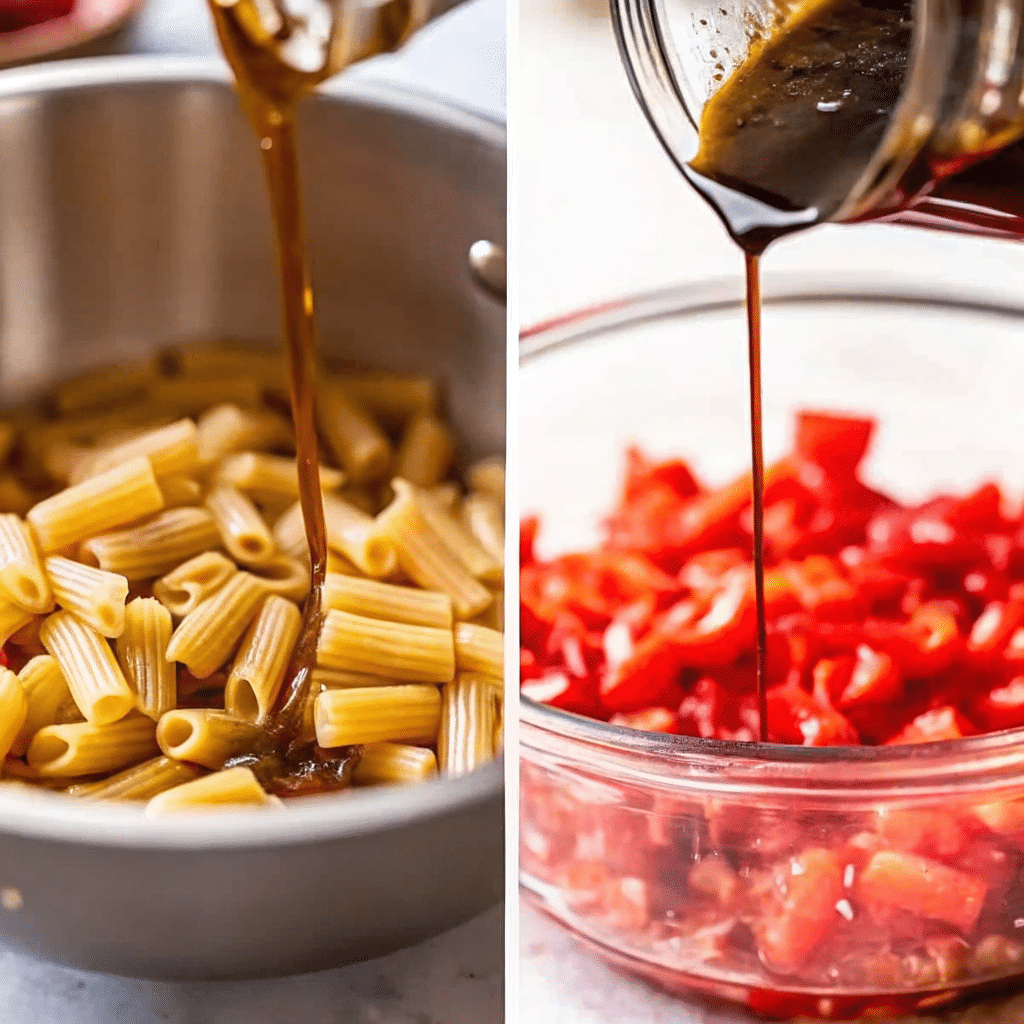 Bruschetta summer pasta salad with tomato, basil, and penne