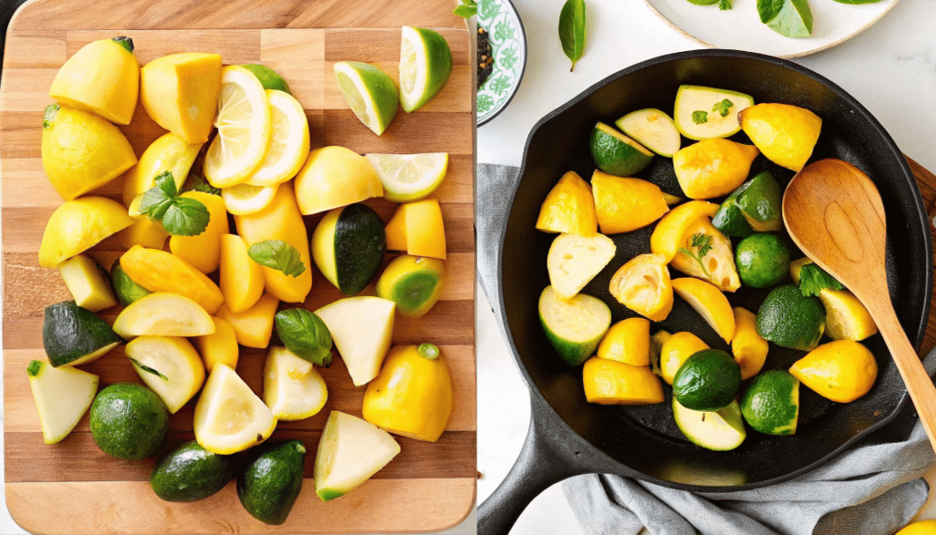 Cutting patty pan squash into quarters