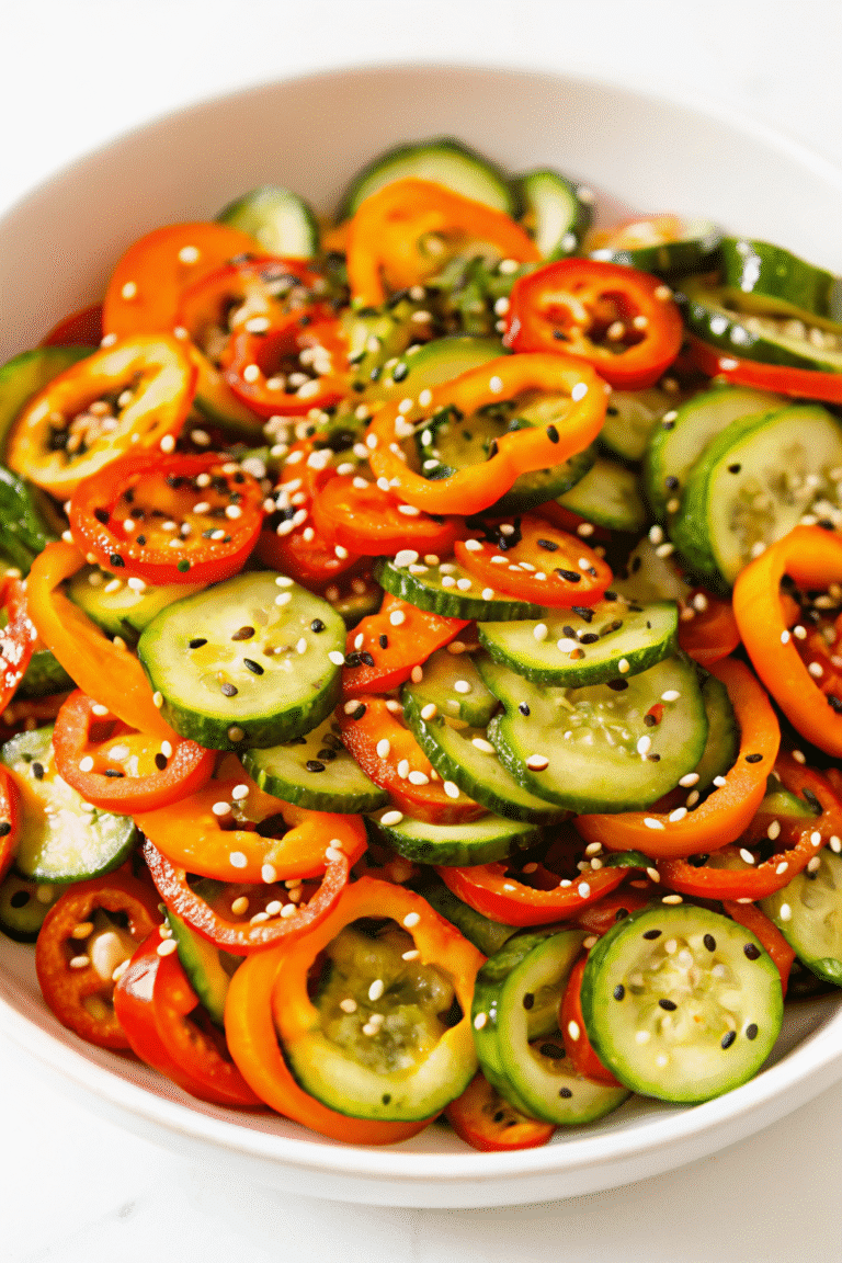 Cucumber Sweet Pepper Salad – The Ultimate 5-Minute Viral Veggie Side 2 vibrant cucumber sweet pepper salad with chili crunch in glass bowl