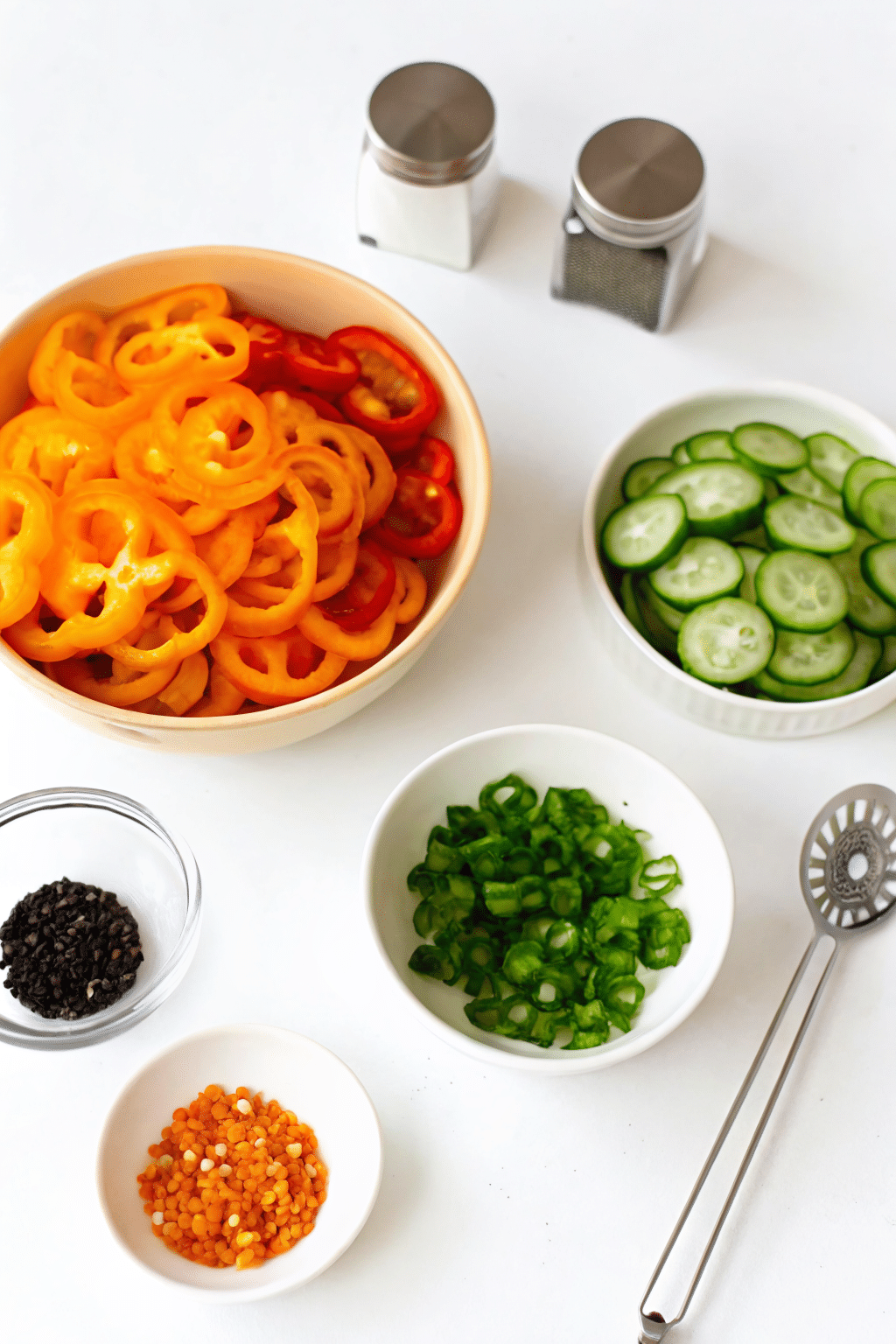 cucumber-sweet-pepper-ingredients.png sliced mini cucumbers and sweet peppers on cutting board