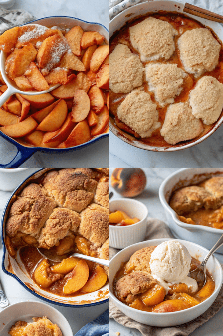 Scooping gluten free biscuit dough over peach filling