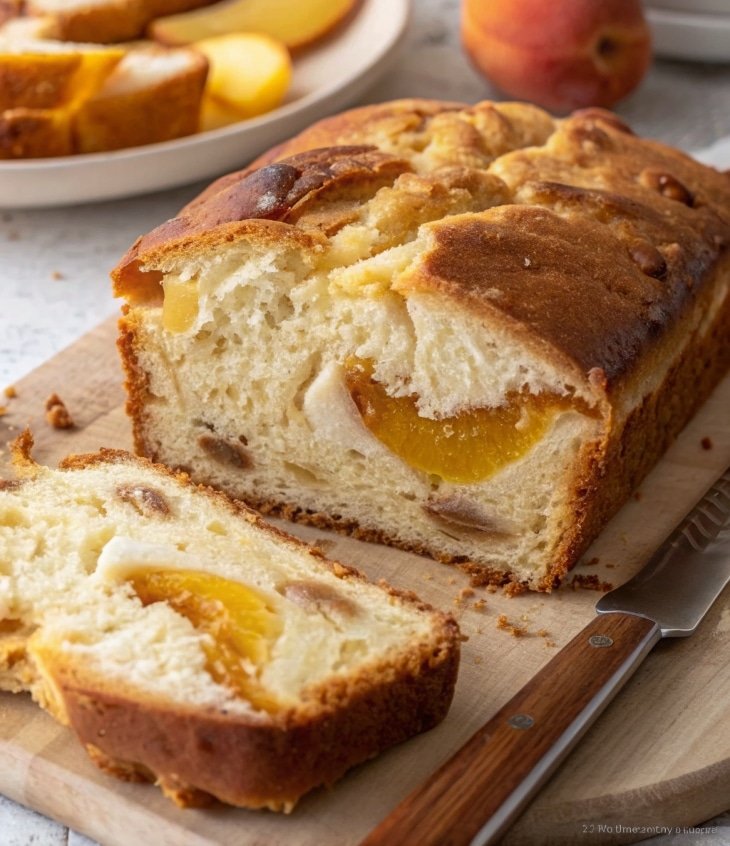Slices of gluten free cheesecake swirl peach bread served with tea.