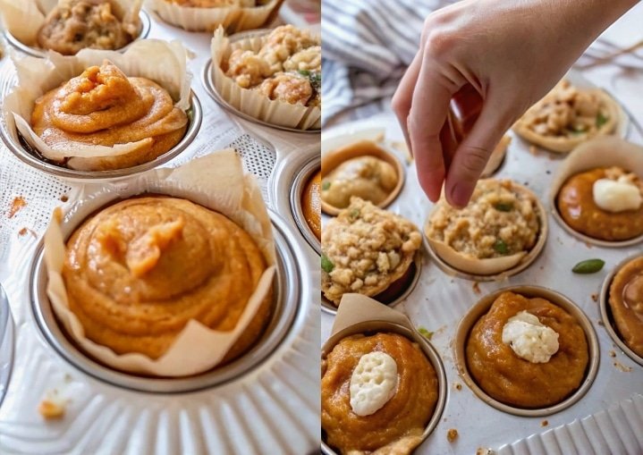 Step-by-step process of baking gluten free pumpkin cream cheese muffins