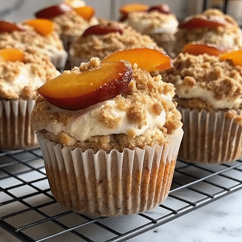 Peaches and Cream Muffins with Whipped Cream and Fresh Peach Slices