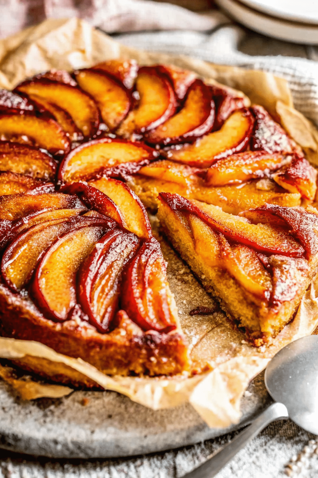 Bourbon Peach Upside Down Cake freshly baked and caramelized