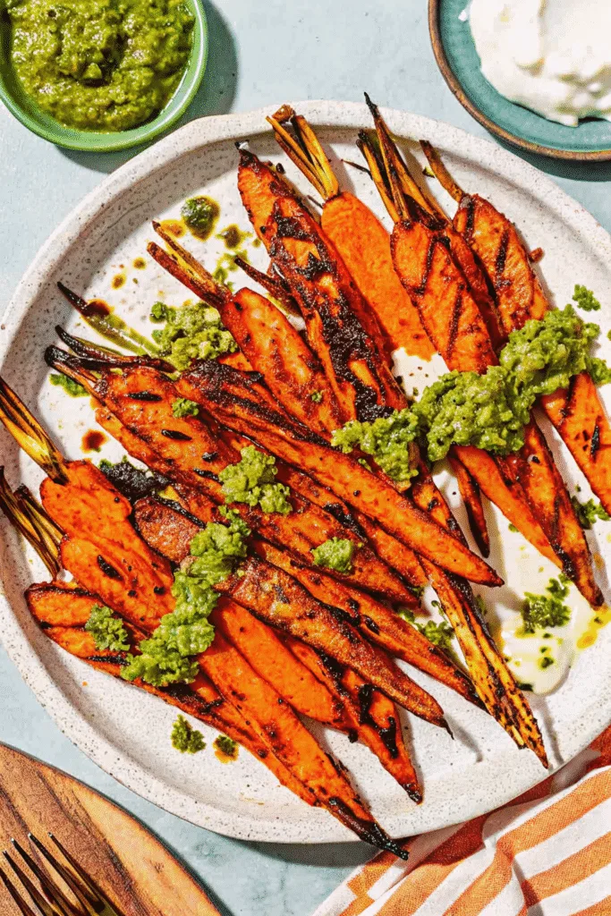 Grilled carrots with labneh and zhoug sauce close-up