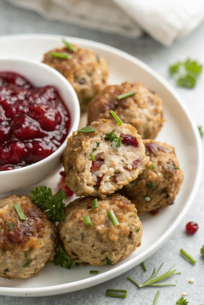 Turkey and stuffing meatballs fresh from the oven.