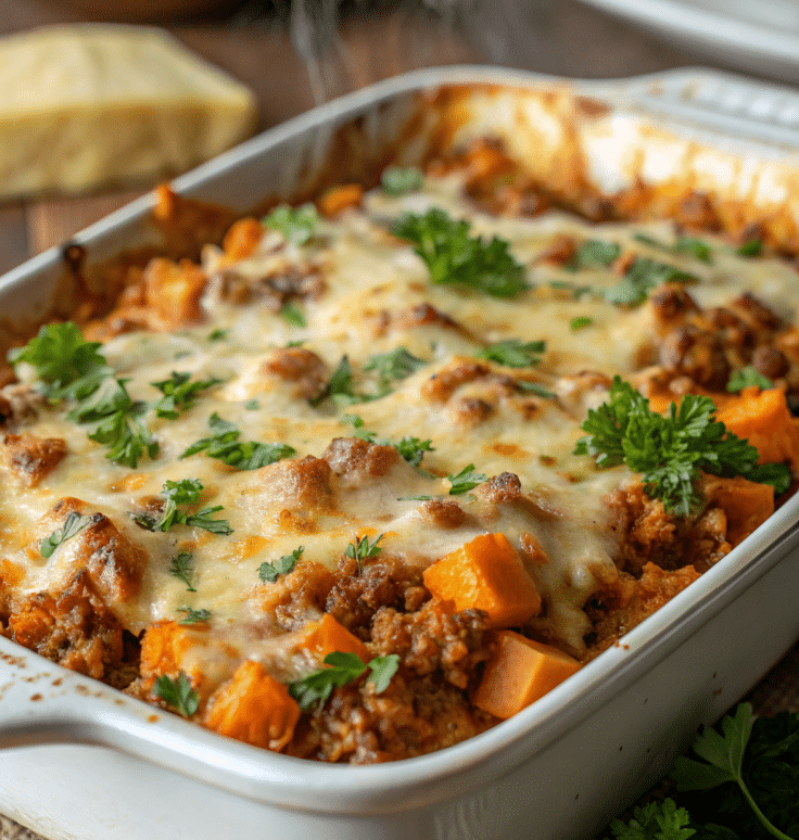 Ground turkey and sweet potatoes cooking in a skillet for the bake