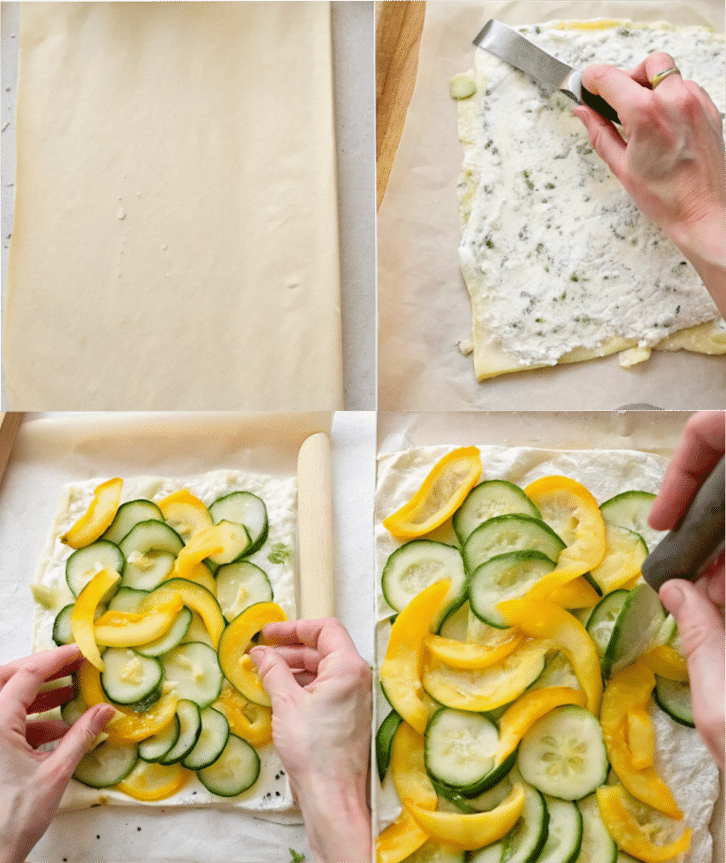 Assembling gluten free zucchini tart with zucchini slices and cream cheese