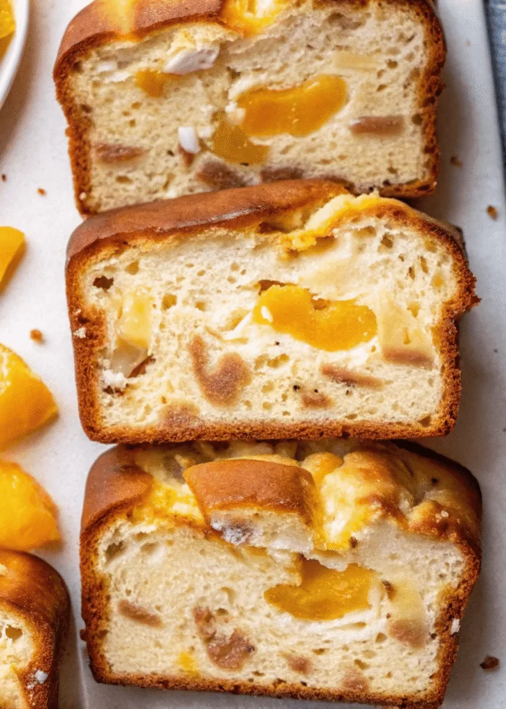 Gluten Free Cheesecake Swirl Peach Bread loaf with creamy cheesecake swirls.