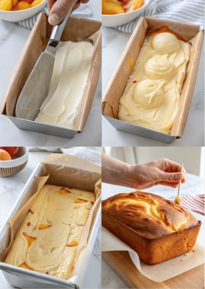 Layering cheesecake swirl into peach bread batter.