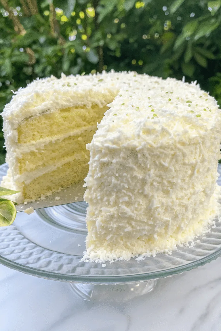 Homemade Key Lime Coconut Cake with coconut frosting