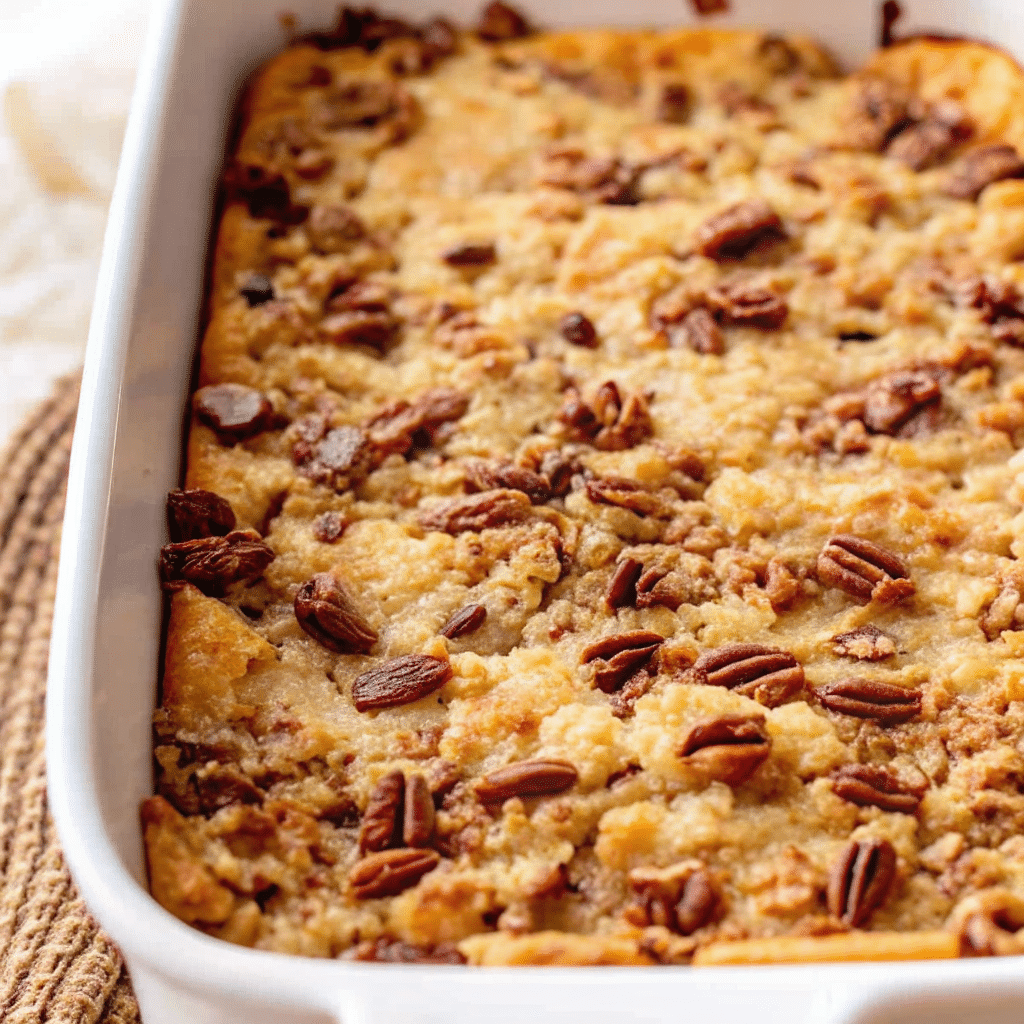 Easy pumpkin dump cake recipe topped with pecans and golden cake mix crust