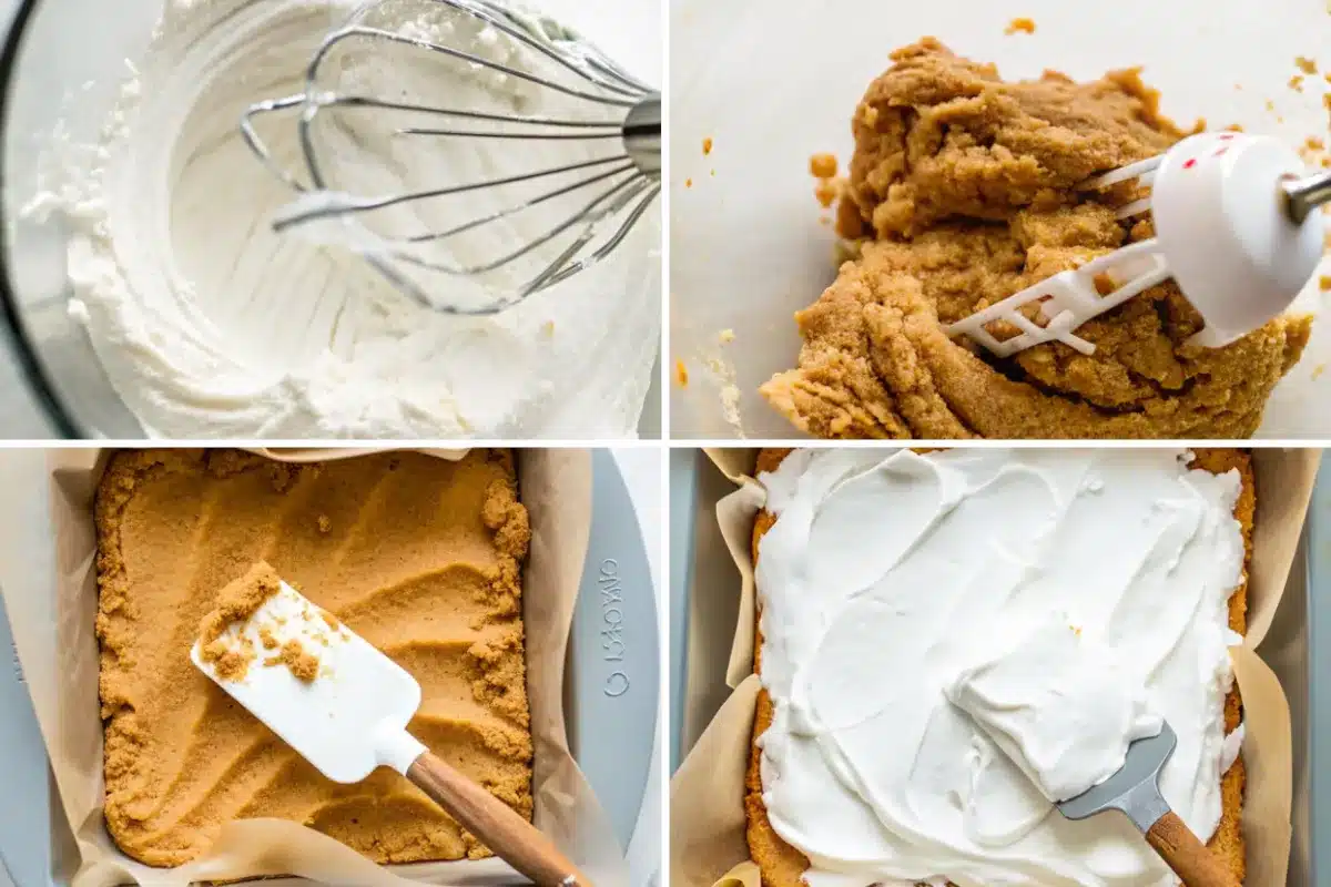 Creaming butter and brown sugar in stand mixer bowl showing light fluffy texture for s'mores cookie bar dough