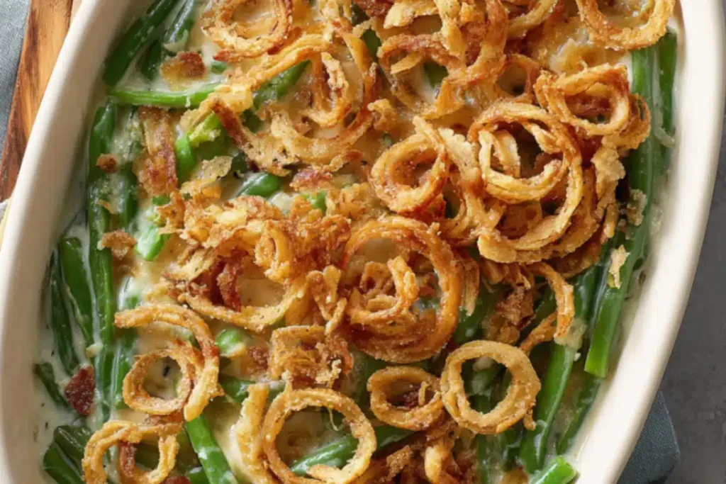 Easy green bean casserole with golden crispy fried onions in white baking dish