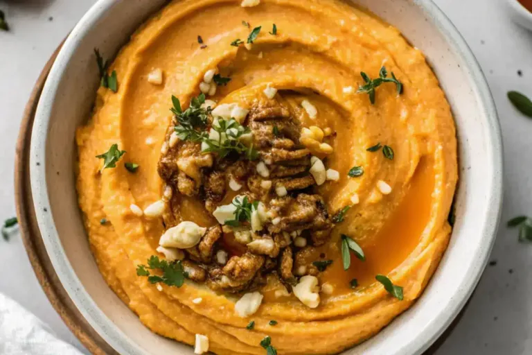 Pumpkin whipped feta dip garnished with thyme and walnuts