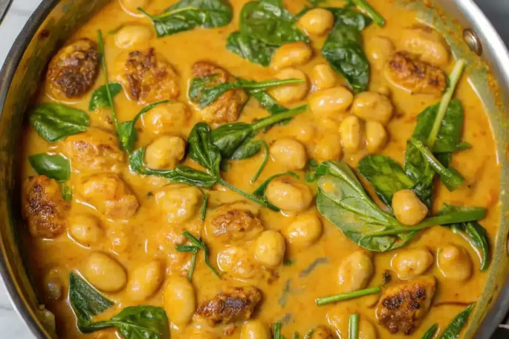 Creamy pumpkin gnocchi with spinach and sausage