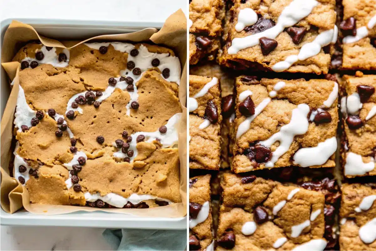 Creaming butter and brown sugar in stand mixer bowl showing light fluffy texture for s'mores cookie bar dough