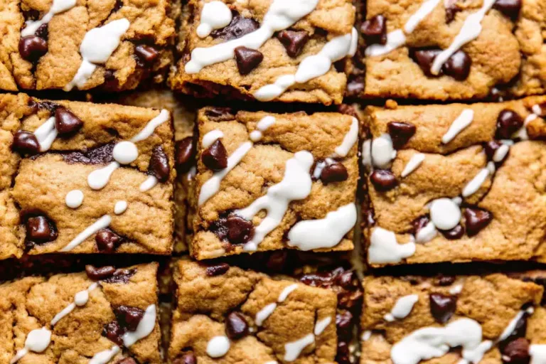 Golden brown s'mores cookie bars with melted chocolate chips and marshmallow creme layers on rustic wooden cutting board