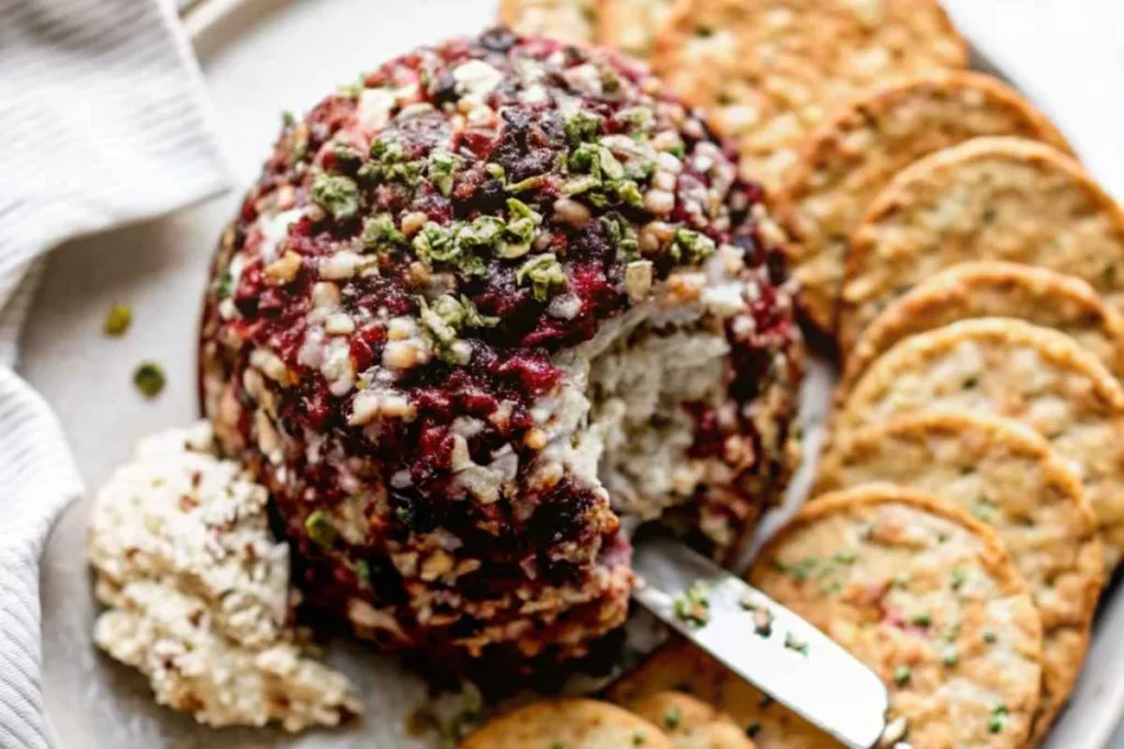 Festive cranberry pecan cheese ball appetizer with crackers