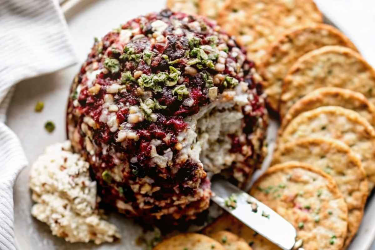 Festive cranberry pecan cheese ball appetizer with crackers