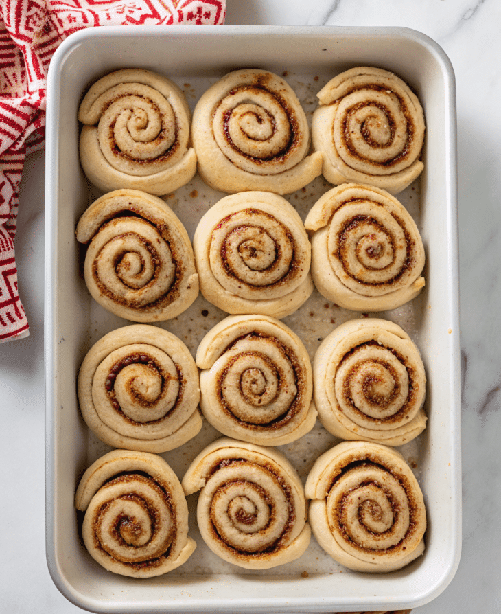 Cinnamon rolls proofing before baking.