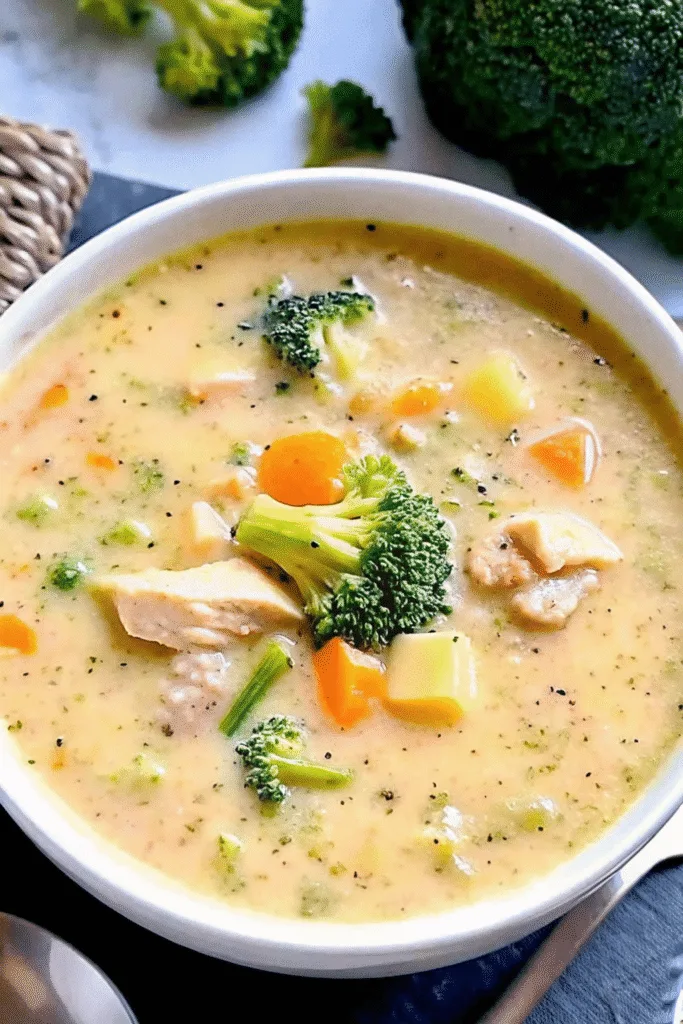 Chicken broccoli cheddar soup in a bowl with melted cheese and bread.