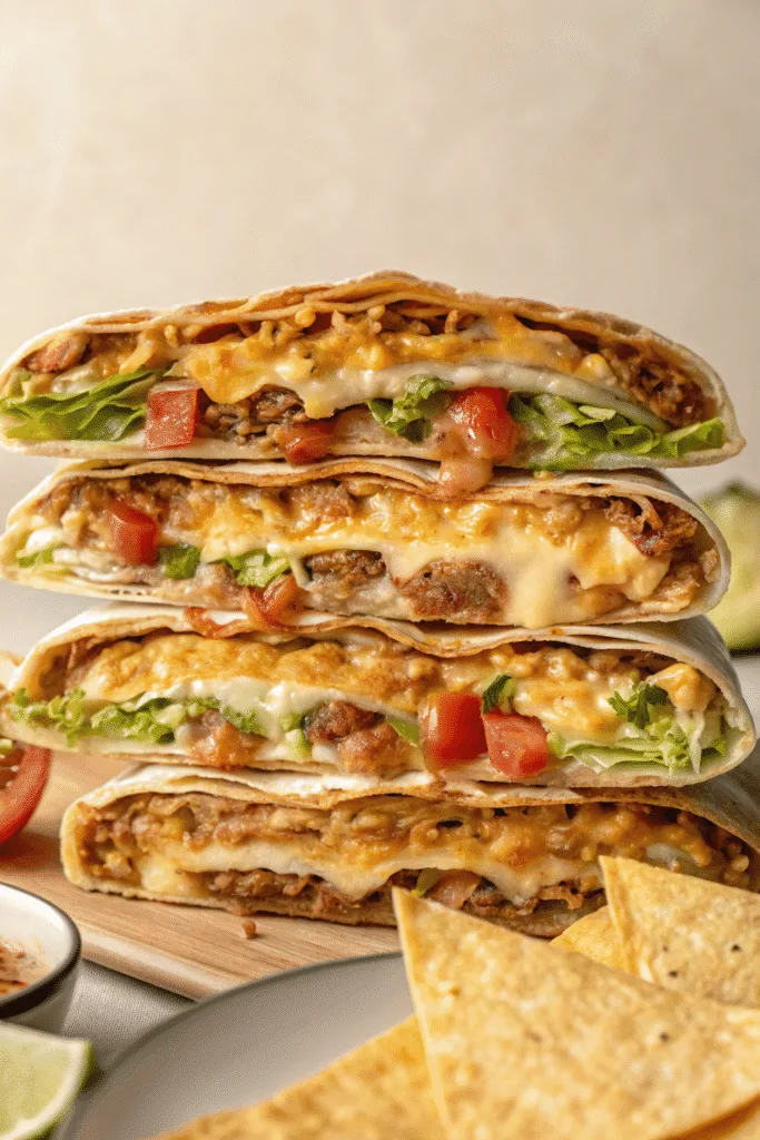 Homemade Crunchwrap Supreme cut open with layers visible