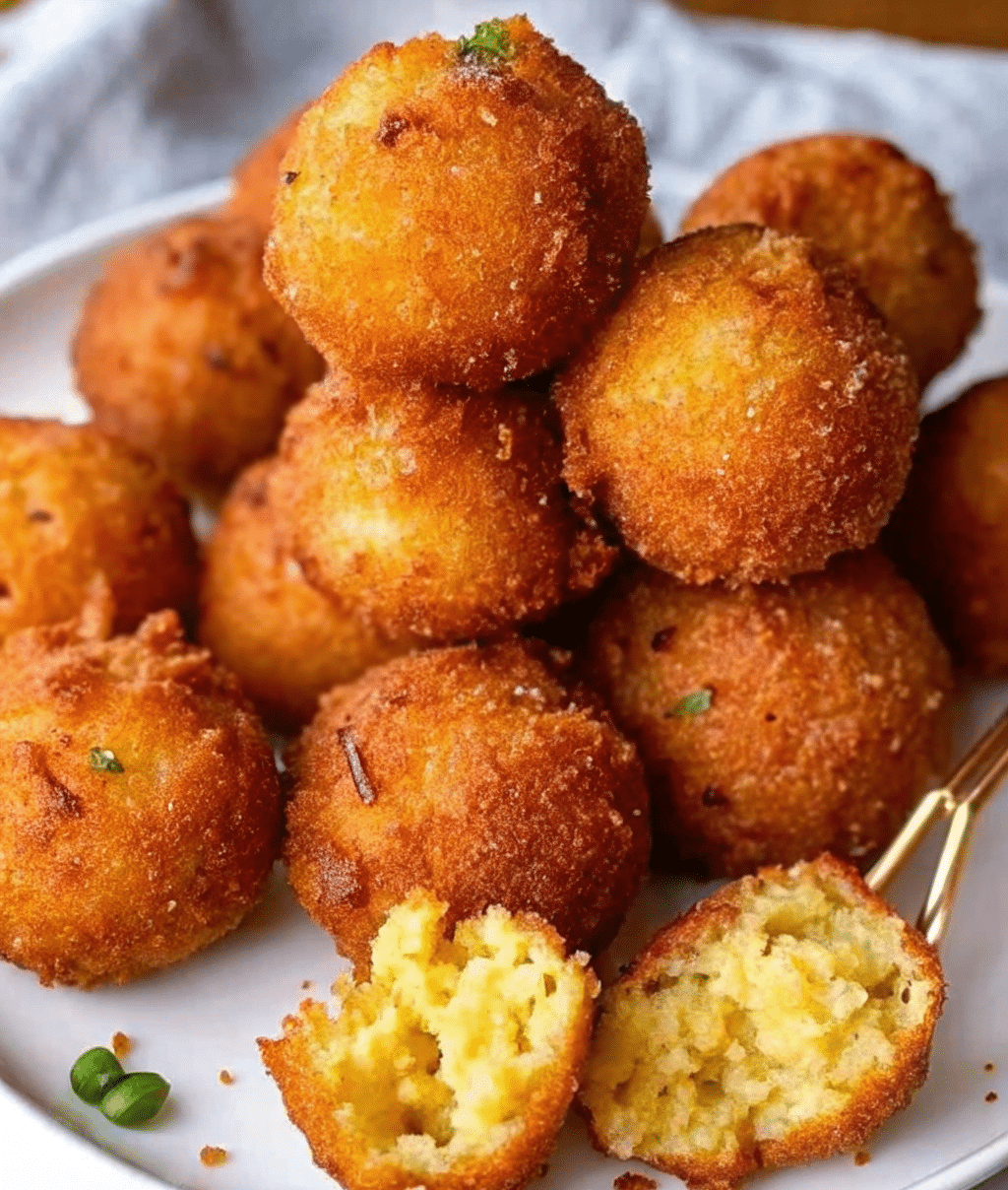 Basket of golden Southern hush puppies with dipping sauce.