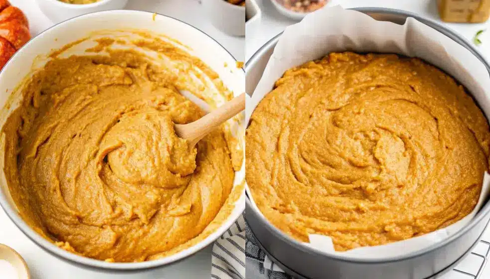 Vegan Pumpkin Coffee Cake 7 Assembling a vegan pumpkin coffee cake with a layer of pumpkin butter.