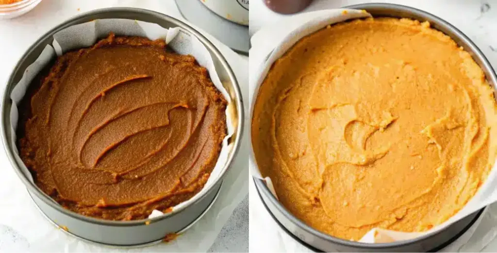 Vegan Pumpkin Coffee Cake 8 Assembling a vegan pumpkin coffee cake with a layer of pumpkin butter.