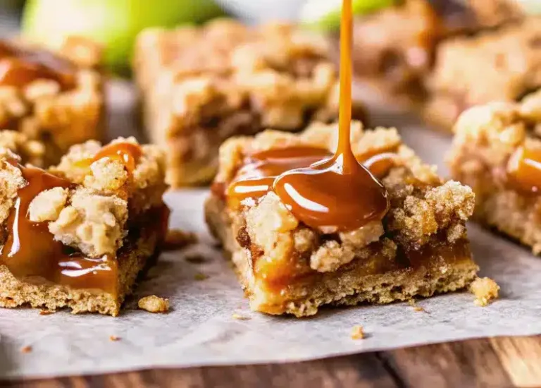 Golden brown salted caramel apple crumb bars cut into perfect squares on white parchment paper, showing layers of buttery crumb topping and tender apple filling