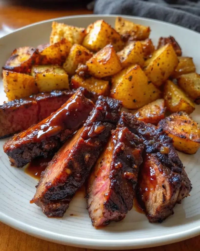 Fresh ingredients for garlic butter steak and potatoes recipe arranged on marble counter