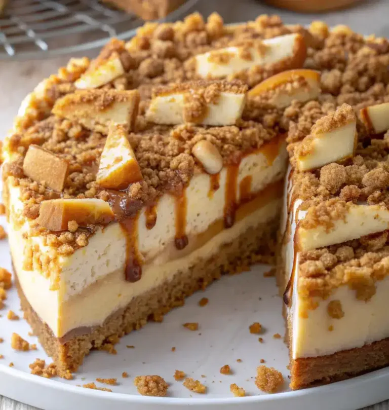 Slice of homemade salted caramel apple pie cheesecake with golden caramel drizzle on white plate